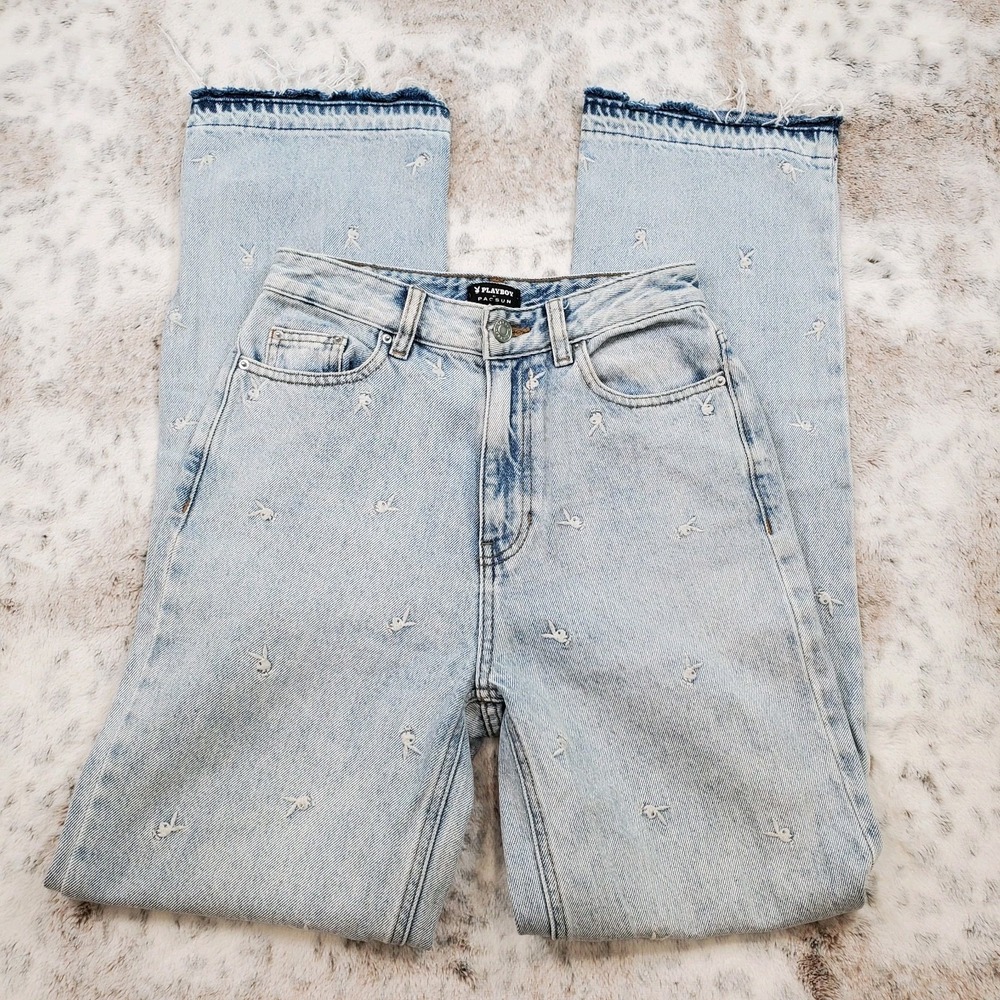 PLAYBOY By PacSun Jeans Woman 25 Blue High‎ Rise Boyfriend Bunny Embroidery Crop